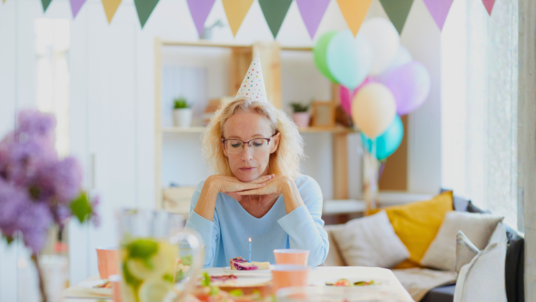 sad middle-aged woman party money milestone