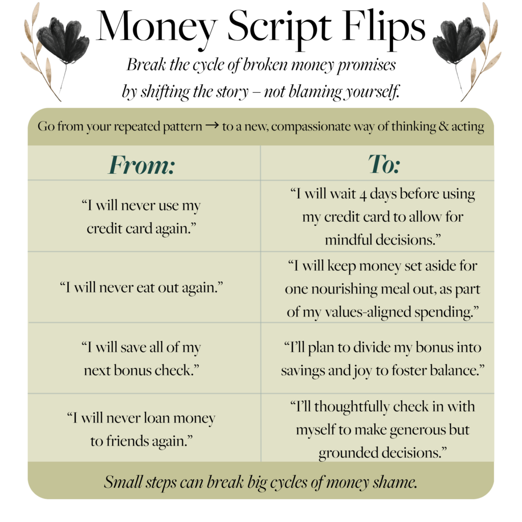 Money Script Flips infographic showing how to replace all-or-nothing money promises with realistic, compassionate financial habits that build long-term confidence.