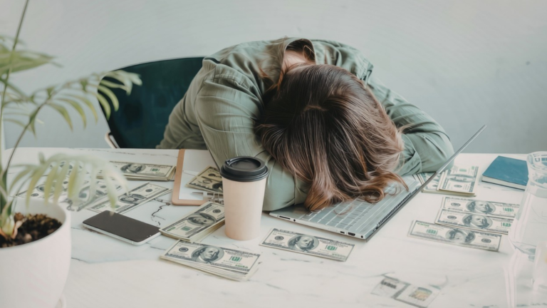 debt shame woman surrounded by money experiencing financial stress bad with money